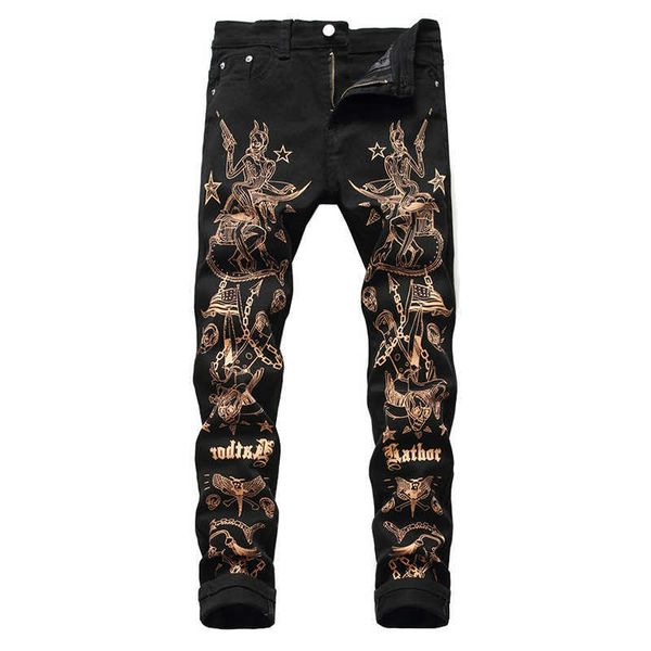 

men's jeans sokotoo men's slim 3d print jeans fashion beauty flag skull painted black stretch denim pants t221102, Blue