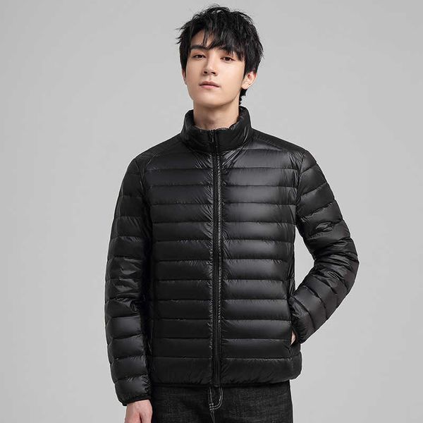 

autumn and winter 2022 new men's solid color trend coat short stand collar lightweight 90 white duck down jacket, Black