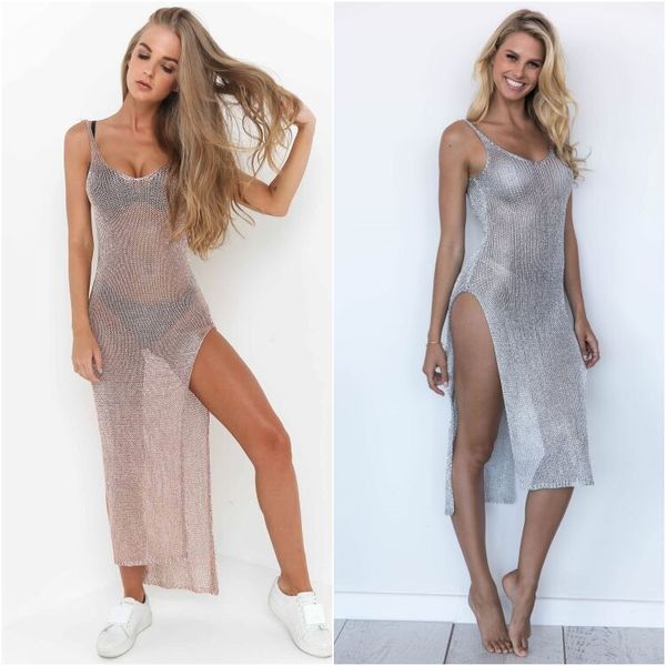 

casual dresses backless knitted dress women 2021 summer long sleeve open back see through beach cover mini dress, Black;gray