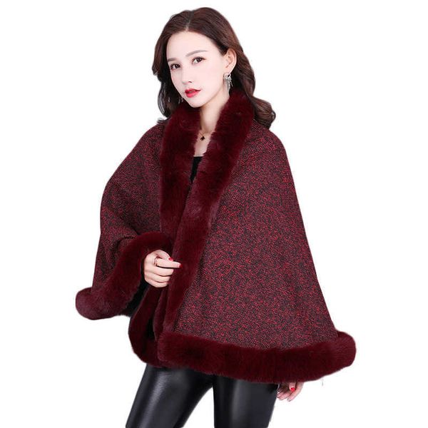 

women's fur faux 2021 poncho women rex rabbit collar winter capes oversize loose velvet cardigan female thick warm shawl cape scarf t22, Black