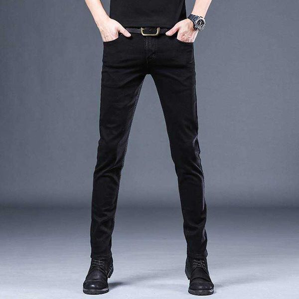 

hong kong 2022 spring black jeans male slim feet korean fashion versatile elastic high end casual pants, Blue