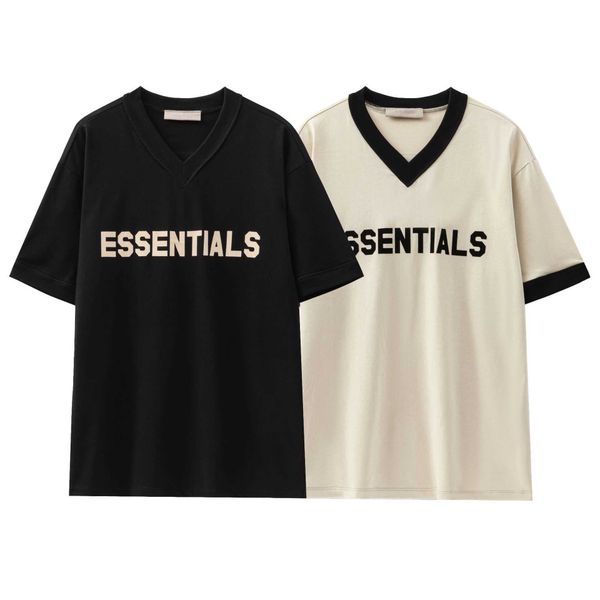 

essentials men's t-shirts fearofgod 2022 summer new fog flocking double thread letter v-neck men's and women's same pullover, White;black