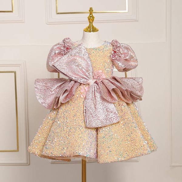 

flower girls' dresses sequin gold rose baby velvet beaded sequined flowers dress sweep train dresses bow puffy first communion christma, White;blue