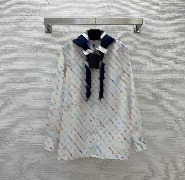 

womens blouses shirts spring full-body color printed logo lapel casual versatile long sleeve cotton shirt match navy blue square silk scarf, White