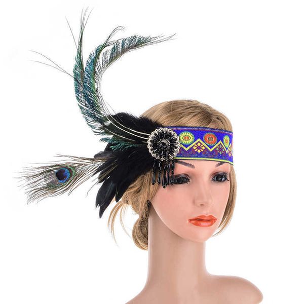 

indian peacock feather flapper headband with beaded tassel halloween national feather hairbands festival retro style headdress, Silver
