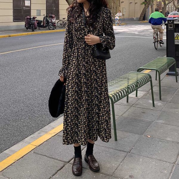 

hyun elegant floral children's spring and autumn 2022 korean new style underlay dress, Black;gray