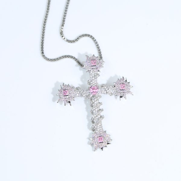 

new styles hip hop necklace plated silver color paved 5a pink cz rose flower shape cross pendant with rope chain for women men lady punk sty