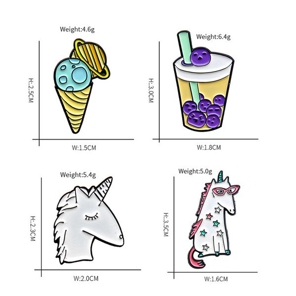 

cute cartoon animal brooches set 4pcs star unicorn bubble tea star cone ice cream badges for girls pin jewelry gift, Gray