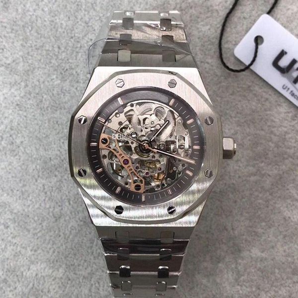 

mens watch sapphire glass 42mm skeleton dial automatic movement solid stainless strap male wristwatches, Slivery;brown