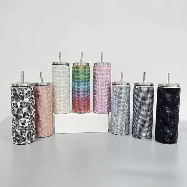 

20oz bling crystal mugs vacuum insulation stainless steel straw coffee water cups straight body barrel slimming diamond tumblers fy5323