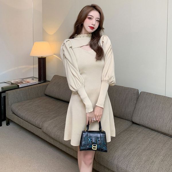 

knitted dress for women lantern sleeve mini party sweater hollow out robe femme autumn korean fashion, Black;gray