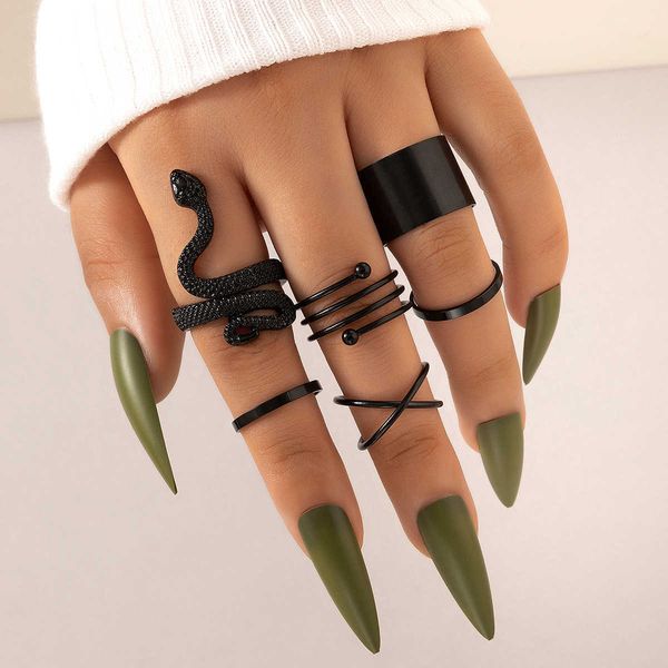 

geometric snake cross ring multi piece set black simple plain aperture six, Silver