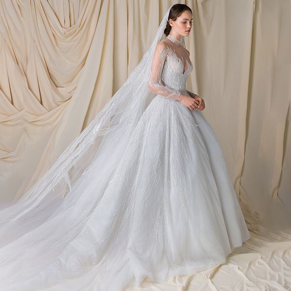 

elegant prom dresses a-line high collar unique neckline design long sleeves applicant illusion hollow out chapel gown custom made plus size, Black