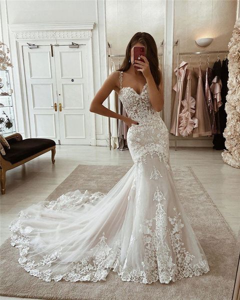 

ivory mermaid wedding dresses lace appliques tulle bridal gowns with train sweetheart spaghetti straps vintage gown, White