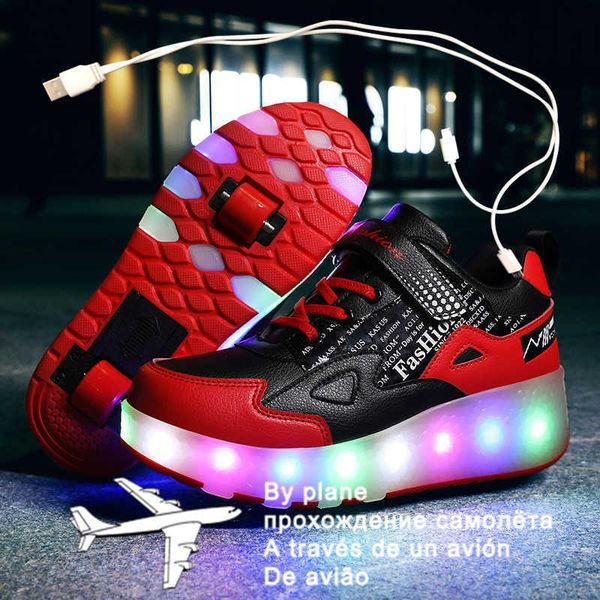 

children luminous glowing sneakers blue pink red led light roller skate kidsboys girls usb charging casual shoes with two wheels, Black;red