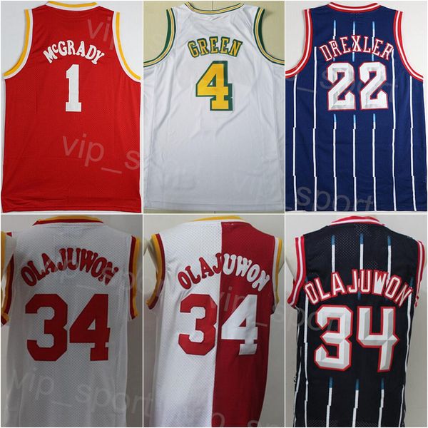 

man vintage basketball 22 hakeem olajuwon jersey 34 tracy mcgrady 1 jalen green 4 clyde drexler team navy blue white red city association cl, Black;red