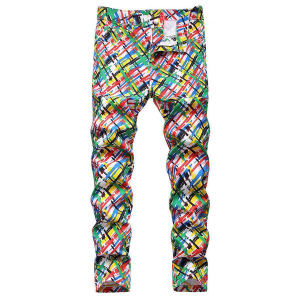 

men's men's jeans y2k colored printed jeans fashion stretch denim pencil pants stripe plaid painted slim fit trousers t221102, Blue