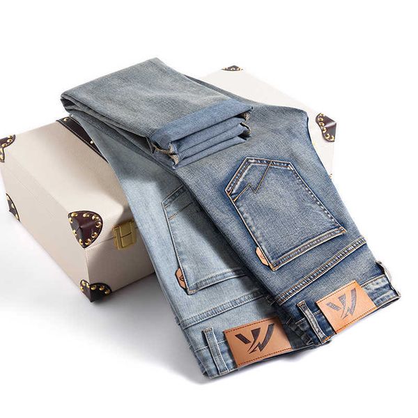 

autumn new jeans men's slim fit denim pants light business small straight, Blue