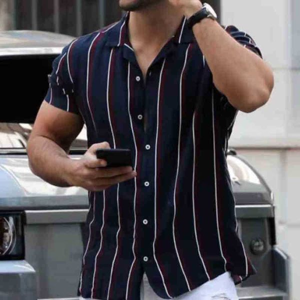 

spring summer new fashion men's stripe print short sve clothing casual turn-down collar loose shirt for male, White;black