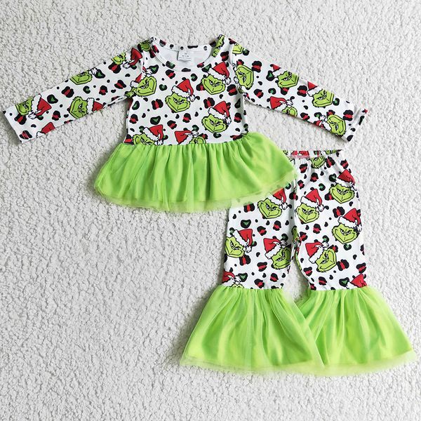 

new fashion kids designer clothes girls set green christmas boutique baby girl clothes santa claus print children outfits, White