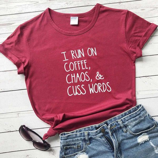 

letter print i t shirt run on coffee funny mom summer t-shirt short sleeve, White