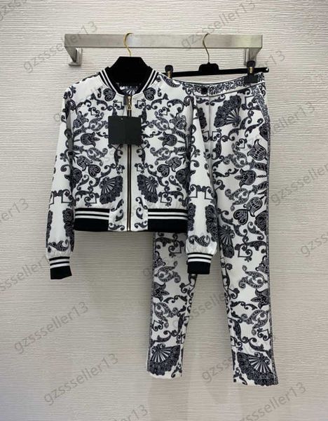 

tracksuits womens two piece pants vintage designer two pieces sets floral print striped edge loose stand collar jacket high waist casual tro, White