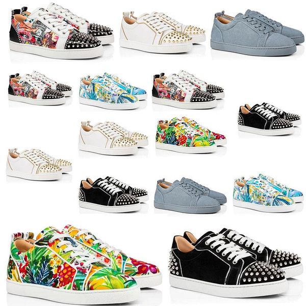

men's and women's fur spiked shoes designer customized christians red-bottoms sneakers low black and white graffiti leather flip c