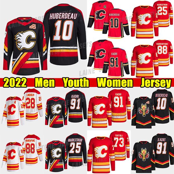 

#10 jonathan huberdeau reverse retro hockey jersey #91 nazem kadri flames#25 jacob markstrom elias lindholm andrew mangiapane tyler toffoli, Black;red