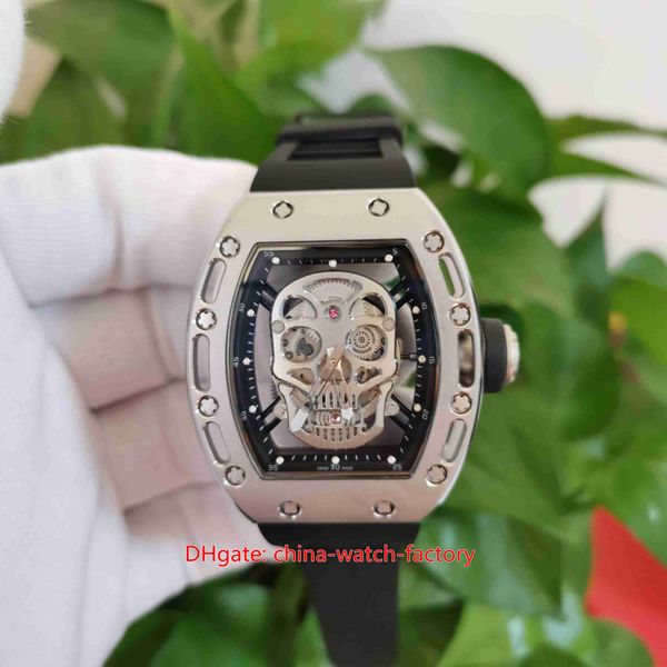 

items mens watch 42mm x 50mm rm052-al ti 01 skull head skeleton sport watches stainless steel rubber bands transparent mechanical automatic, Slivery;brown