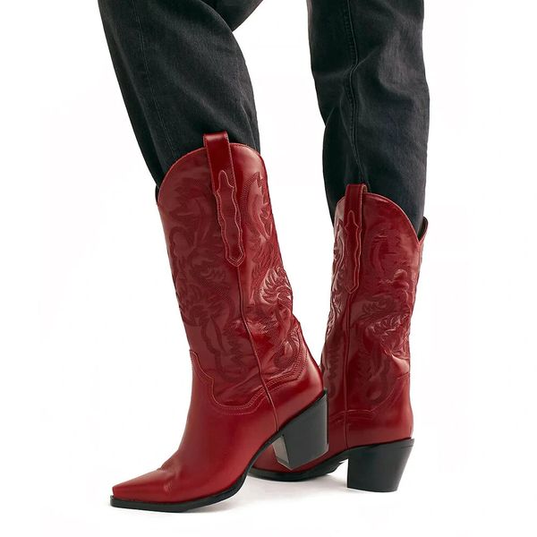 

pointed toe thick heel women boots embroidery thread ladies knight, Black