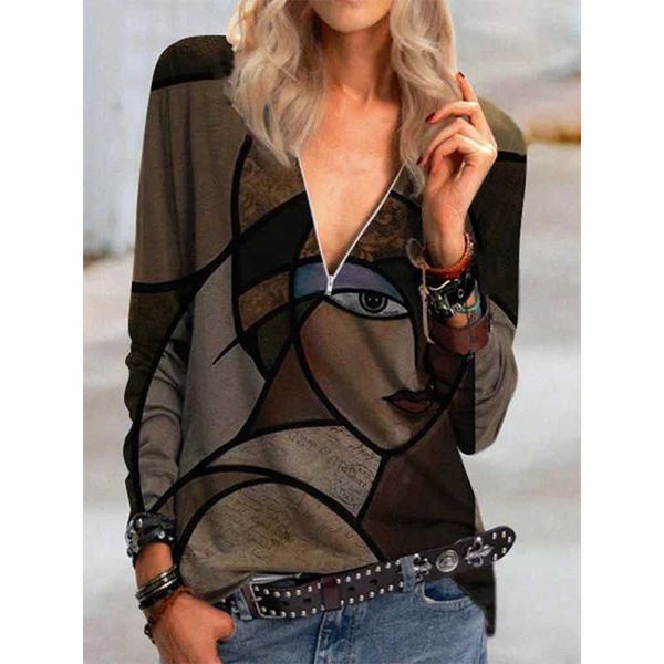 

women's t-shirt new gothic punk face print t-shirt women vintage fashion v neck loose casual zipper streetwear long sleeved tshirt lady, White