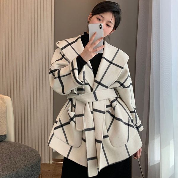 

women's jackets new versatile style premium woolen cloth loose hooded cape style luxury fashion waist slim lace up design, Black;brown
