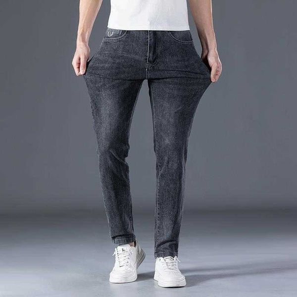 

stretch men's jeans simple embroidery slim leggings casual versatile trousers, Blue