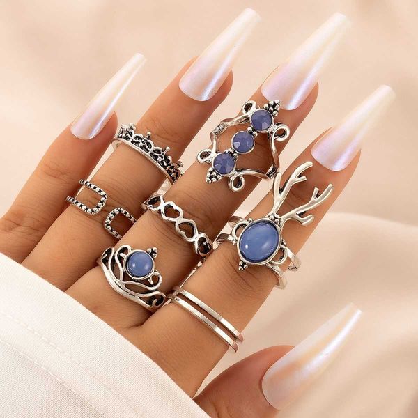 

geometric love crown ring set alloy imitation inlaid seven piece ring set, Silver