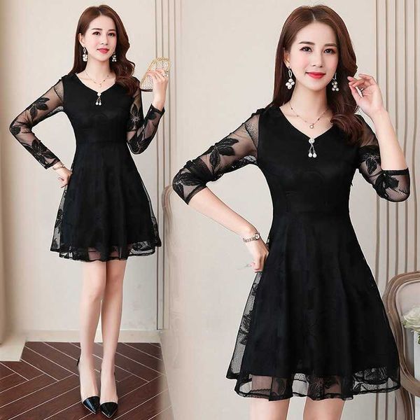 

2022 new spring and autumn women's french popular fairy mid length with slim waist and lace dress, Black;gray