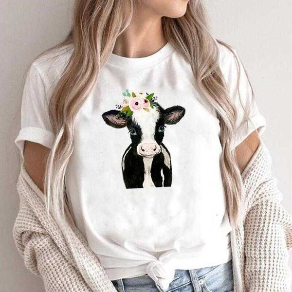 

summer fashion tee shirt femme funny cow with flower animal lover farm t women, White