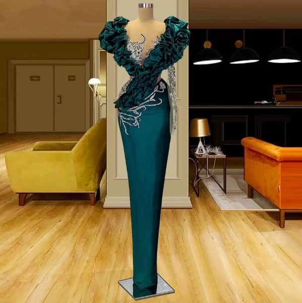 

modest straight hunter green evening dresses ruffles sheer neck one shoulder sleeve beaded crystal arabic illusion prom dress, Black;red