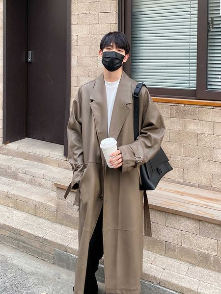 

men's leather faux leather mauroicardi autumn long oversized black brown soft pu leather trench coat men belt single breasted luxury de