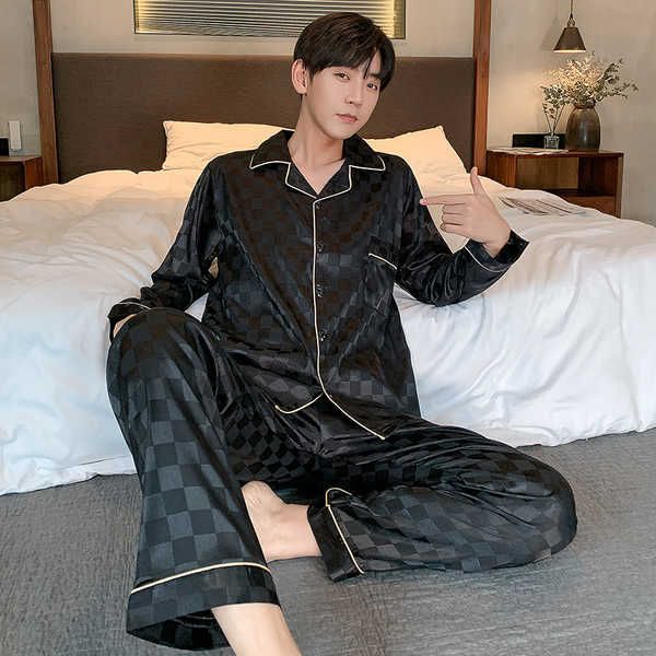 

men's sleepwear autumn men's trousers pajamas suit plaid silk home clothes two-piece suit for men luxury pajamas for sleep 2021 ne, Black;brown