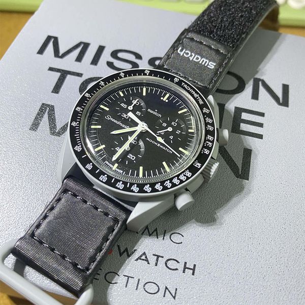 

moonswatch bioceramic planet moon mens watches full function quarz chronograph watch mission to mercury 42mm nylon luxury watch limited edit, Slivery;brown