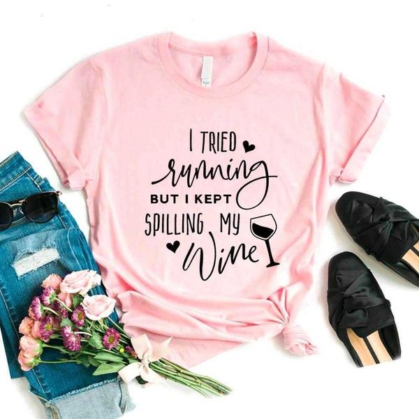 

i tried running but womens t shirt t-shirt kept spilling my wine print women, White