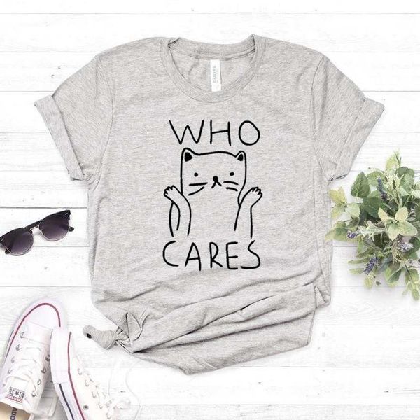 

who cares cat print women casual funny t shirt for lady girl tee hipster, White