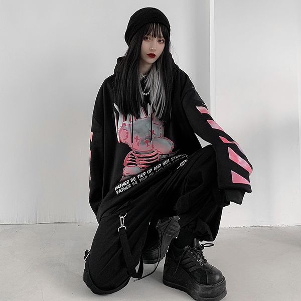 

women harajuku hoodies punk gothic hoody sweatshirts women pullover coat loose pullovers pocket streetwear, Black