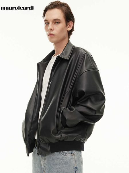 

men's leather faux leather jaket bomber kulit imitasi ukuran besar hitam musim semi musim gugur mauroicardi pria dengan bahu jatuh leng, Black