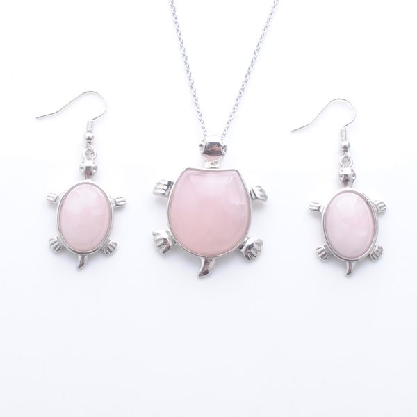 

fashionable women gift natural rose quartzs jewelry sets stone pendant hanging earrings necklace silver plated chain 45cm q3105