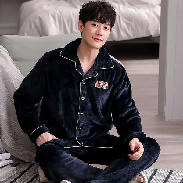 

men's sleepwear flannel pajama sets men winter men's pajamas thick warm lounge set fashion striped embroidery male pijama casual l, Black;brown