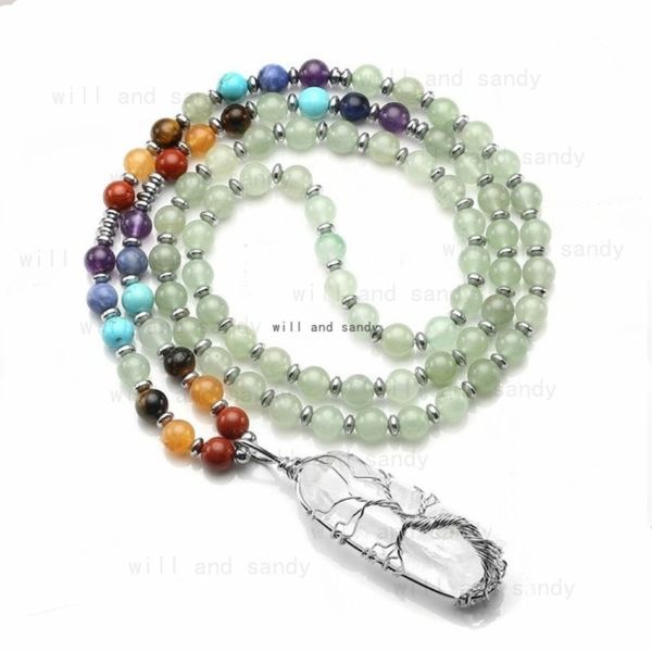 

yoga 7 chakra semi precious stone beaded necklace natural stone strand quartz hexagonal prism tree of life crystal pendant necklaces women f, Silver