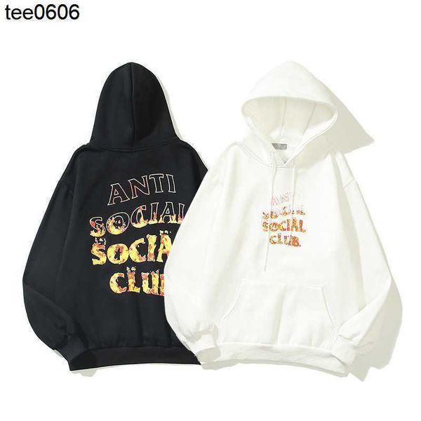 

new asscs flame letter plush hoodie in autumn and winter hip hop loose street hoodie for men and women, Black