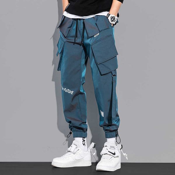 

spring and autumn laser reflective overalls men's fashion brand loose multi boys' legged casual pants super hot, Black