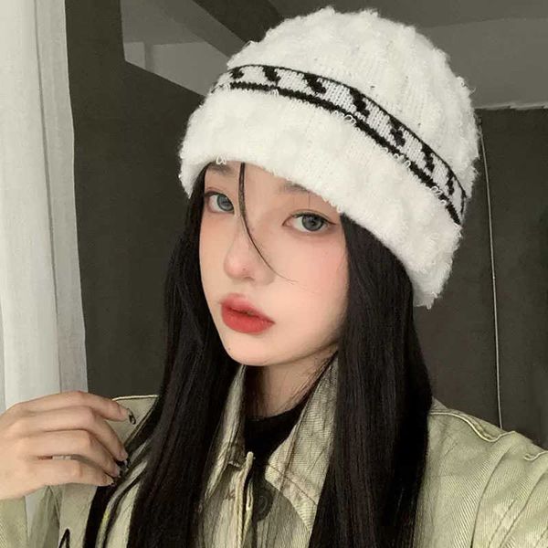 

hats stingy brim designer's net red fragrance fluffy soft thread for women's winter warmth sleeve head protector small knitted hat, Blue;gray